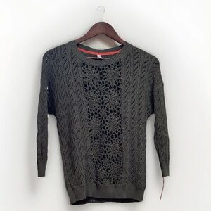 Xhilaration Olive Green Open Knit Floral Detail Sweater, Size Small
